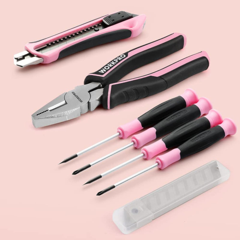 WORKPRO 55-Piece Pink Tools Set， 3.7V Rotatable Cordless Screwdriver