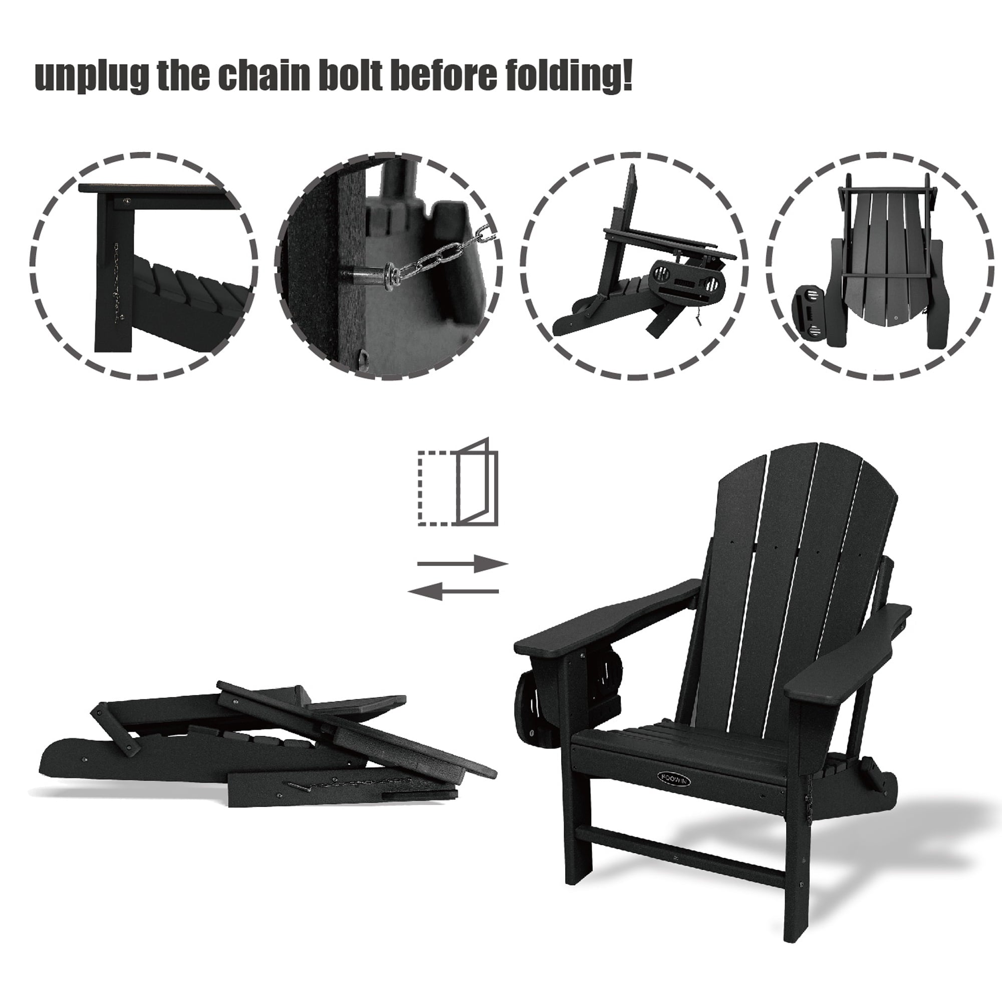 Folding Plastic Adirondack Chair with 4 in 1 Cup Holder Tray Plastic Adirondack Chairs Weather Resistant Lawn Outdoor Firepit Chairs, Black