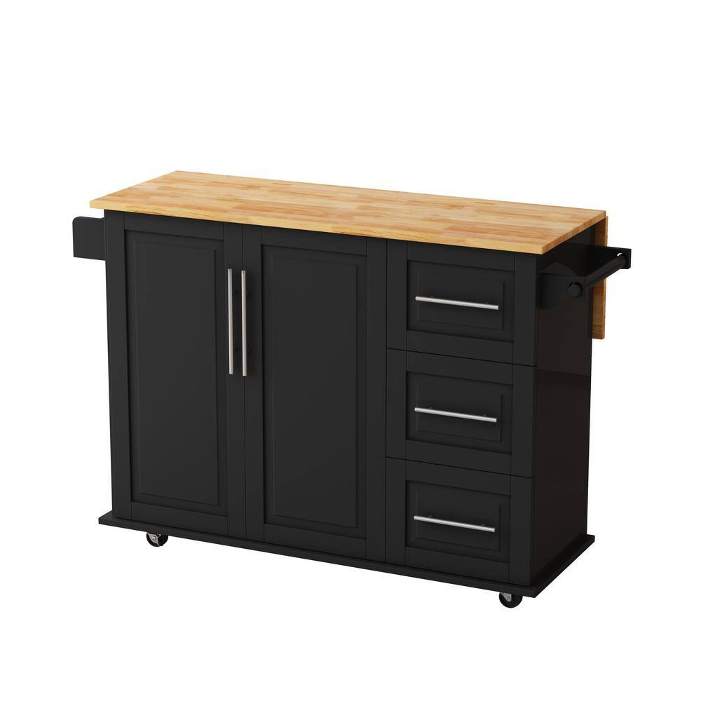 51.96 in. W Foldable Desktop Drop Leaf Black Kitchen Island Cart on Wheels with Spice Rack and Towel Rack wywymnjmnj-9