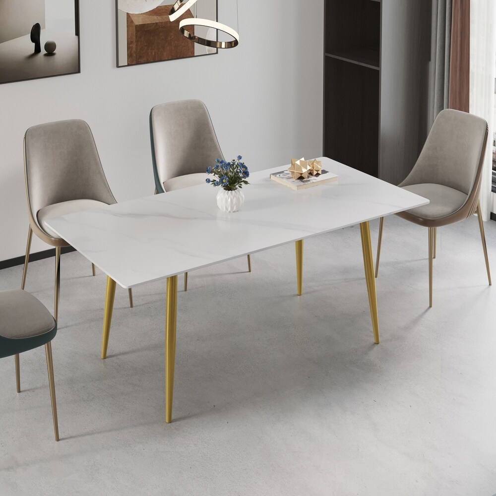 Modern White Slate Dining Table Rectangular Tabletop with Steel Legs for Kitchen and Dining Room