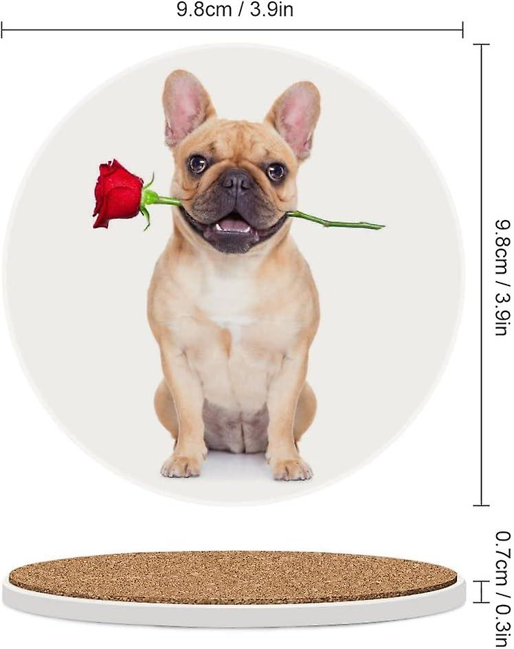 4pcs Round Valentines Dog In Love With Red Rose Ceramic Coasters With Cork-backed For Coffee Drink Cup Mat Absorbent Stone Coasters