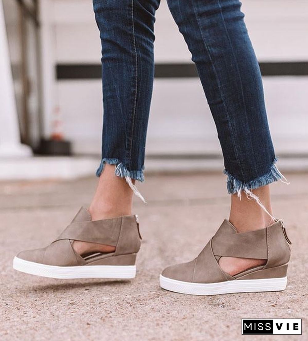 Women Solid High Flats wedges Heel Height Increasing Chunky Platform Vulcanized Sneakers Shoes