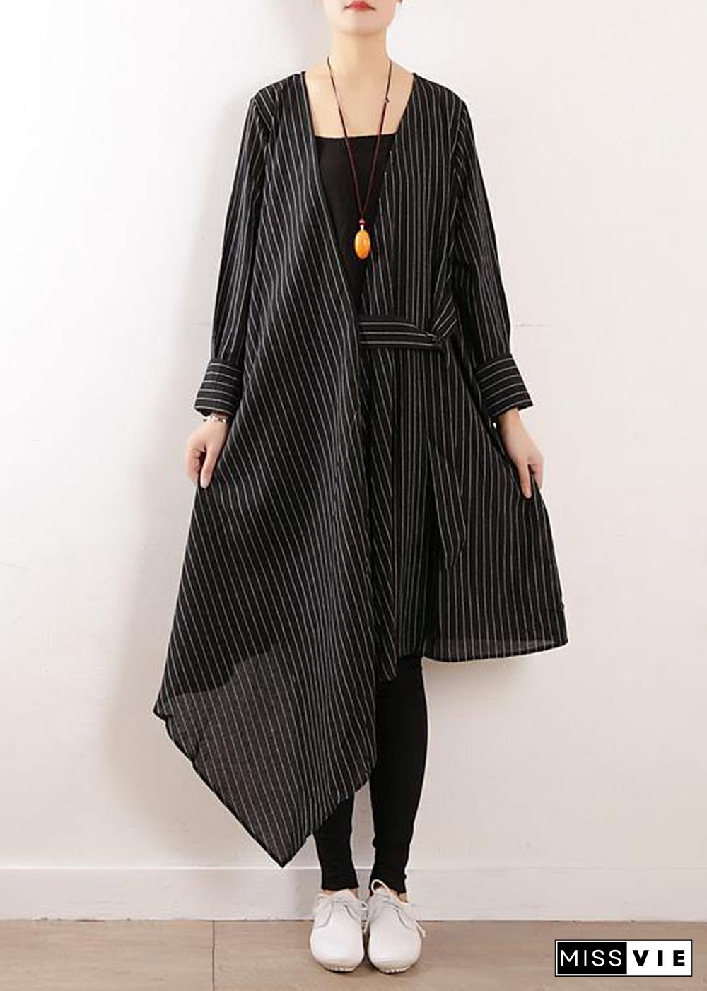 Organic black striped cotton Long Shirts v neck asymmetric Maxi Dresses