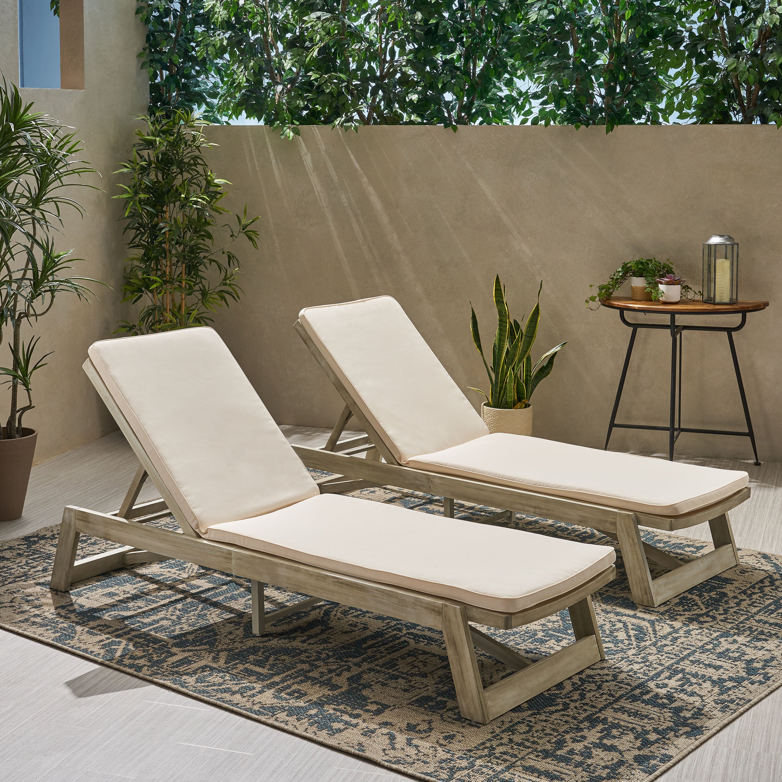 Tina Outdoor Acacia Wood Chaise Lounge and Cushion Sets (Set of 2)