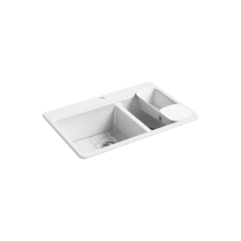 KOHLER Riverby White Cast Iron 33 in. Double Bowl Drop-In Kitchen Sink K-8669-1A2-0