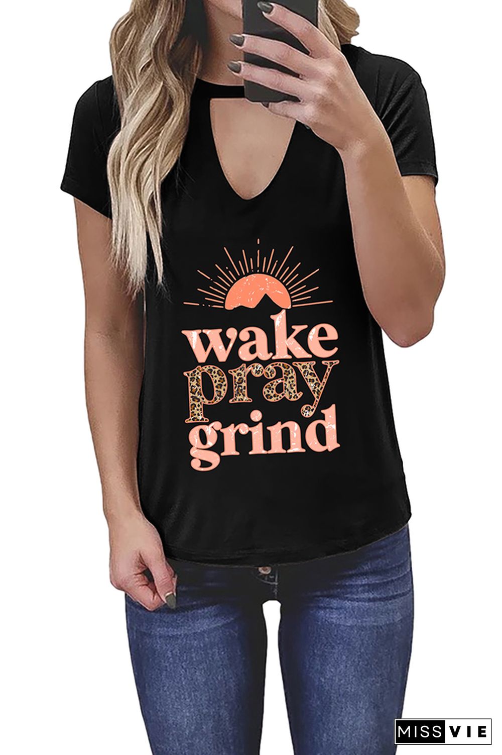 Wake Pray Grind Leopard Graphic Tees for Women Wholesale Short Sleeve T shirts Top