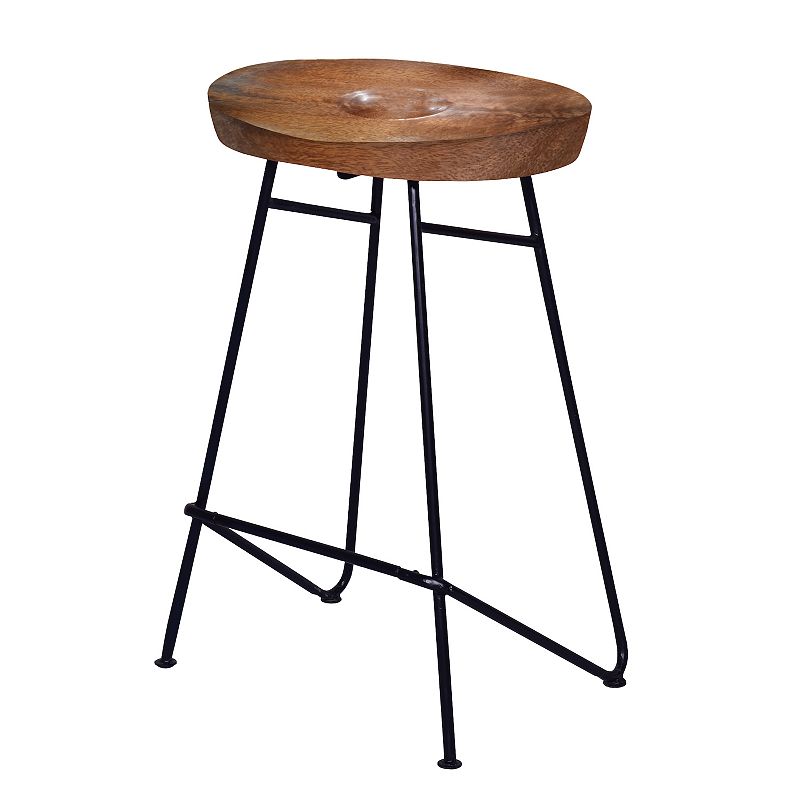 26 Inch Industrial Counter Height Stool， Contoured Mango Wood Seat， Iron， Cafe Brown， Black