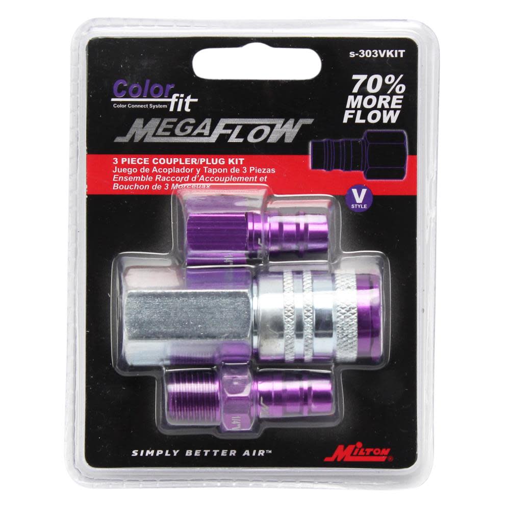 ColorFit® by Milton® S-303VKIT HIGHFLOWPRO™ Coupler and Plug Kit ; (V-Style， Purple) ; 1/4 NPT， (3-Piece) ;