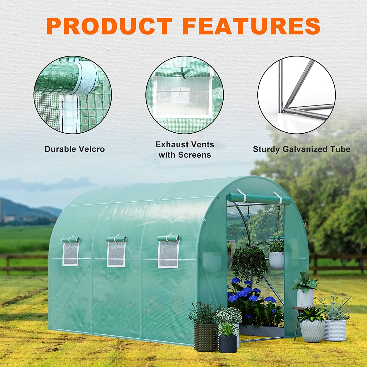 Oarlike Greenhouse for Outdoors 10x7x7FT Upgraded Large Hot House for Green Garden Plant w/ Heavy Duty Galvanized Steel Frame Portable Walk-in Tunnel Tent