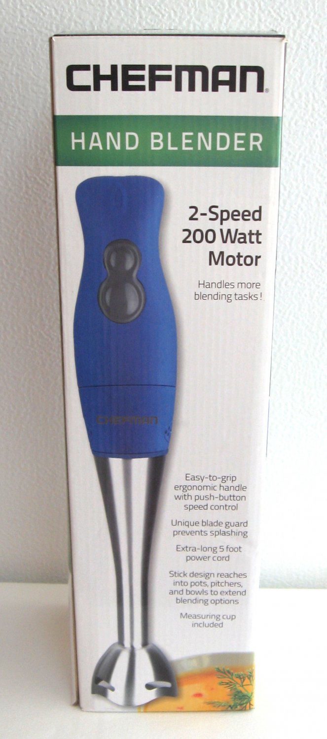 Chefman Hand Blender Immersion 2 Speed 200 Watt Motor RJ10 Blue with Bonus Measuring Cup