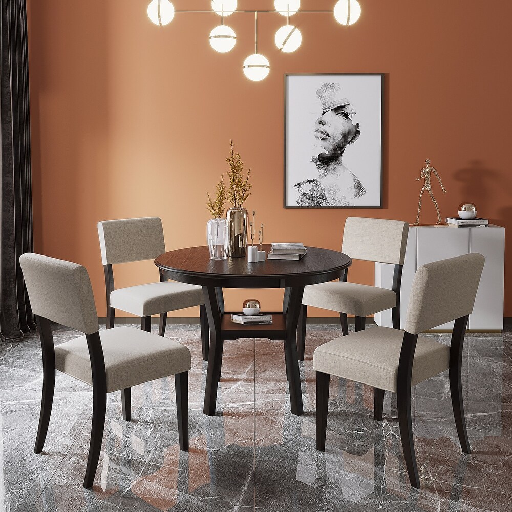 5 Piece Kitchen Dining Table Chair Set  Round Table with Bottom Shelf