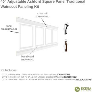 Ekena Millwork 94 12 in. (Adjustable 40 in. to 44 in.) 26 sq. ft. Polyurethane Ashford Square Panel Wainscot Kit Primed WPKUSQ031P040