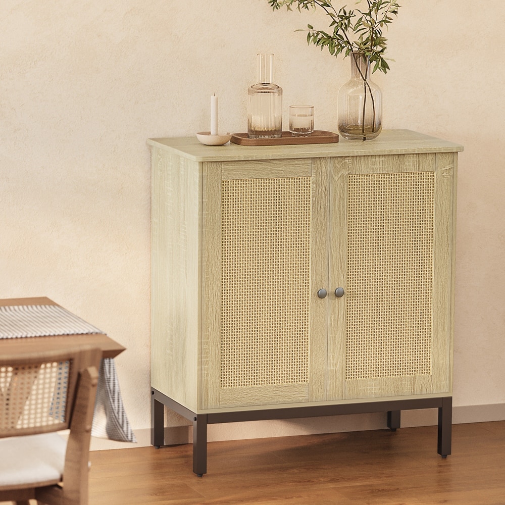 Rattan Accent Buffet Sideboard Storage Cabinet with 2 Doors   N/A