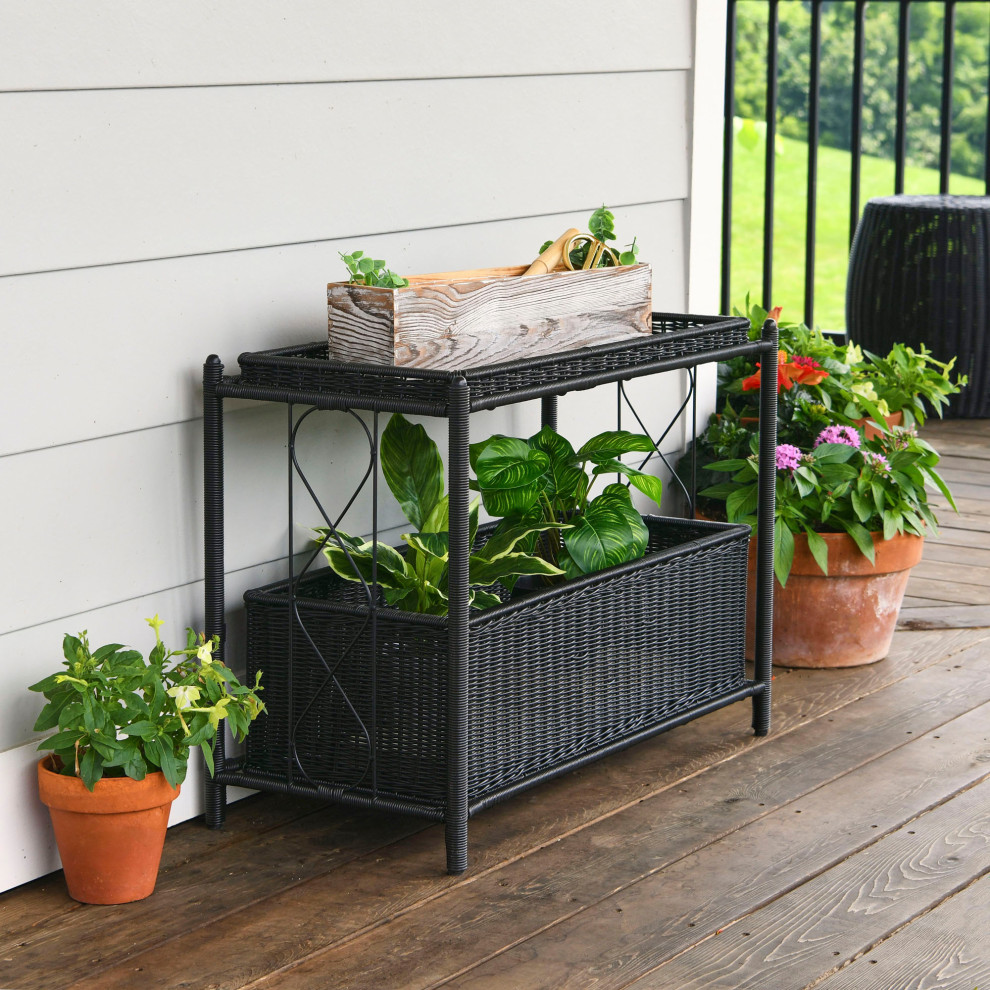 Raised Two Tier Plant Stand With Two Interchangeable Shelves   Tropical   Plant Stands And Telephone Tables   by Household Essentials  Houzz