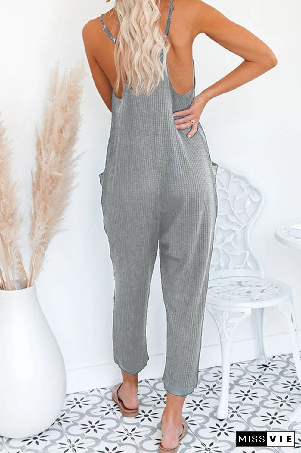 Fashion Street Solid Pocket V Neck Loose Jumpsuits(4 Colors)