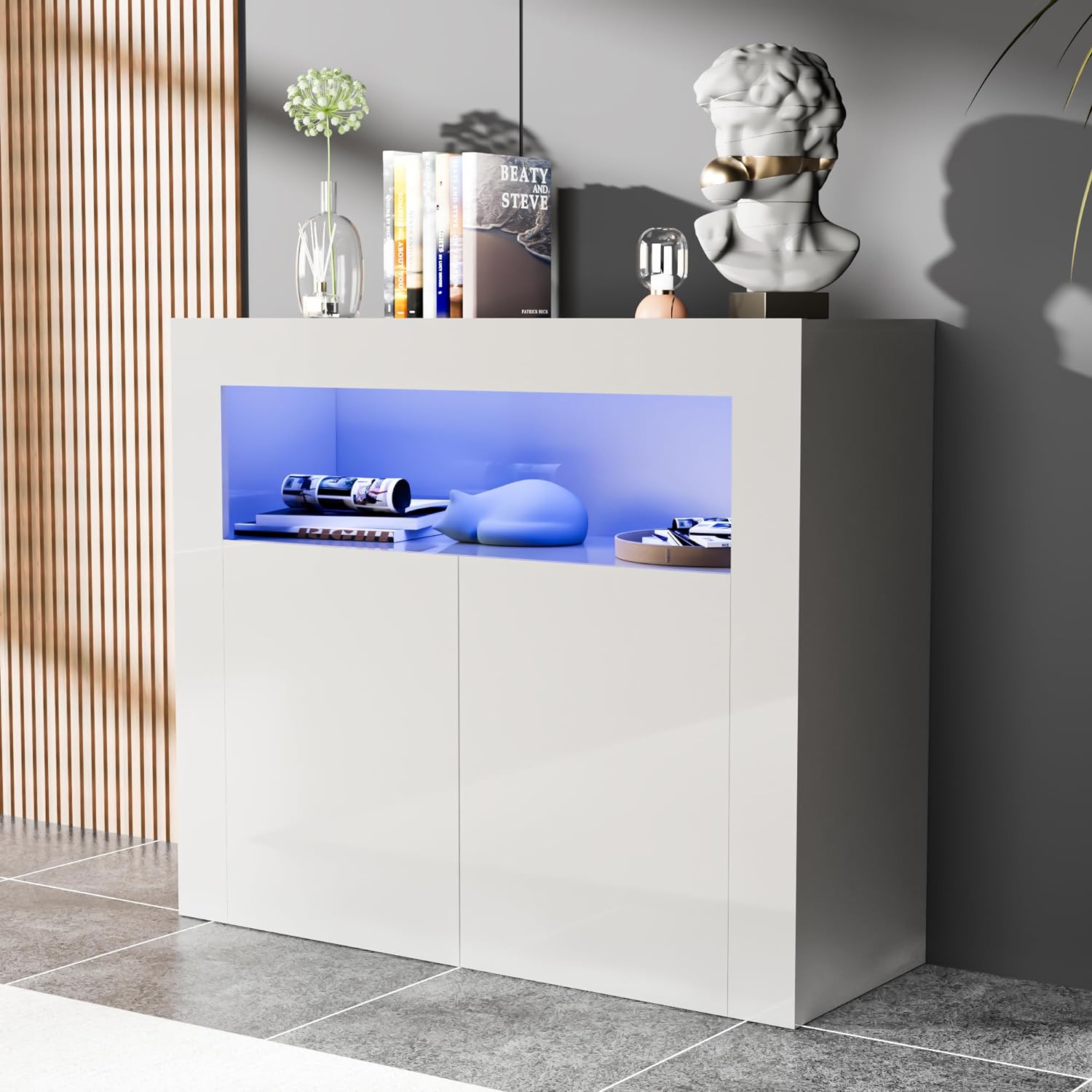 High Glossy Buffet Cabinet Sideboard Storage Cabinet Bar Cabinet with LED Lights Adjustable Shelf and 2 Doors