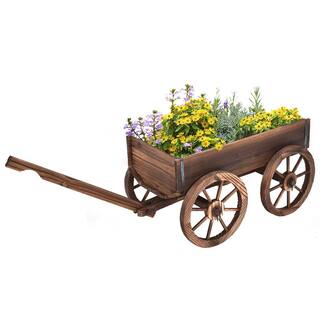 HONEY JOY 47.2 in. x 17.0 in. x 21.0 in. Outdoor Brown Wood Flower Planter Wagon Decor Wheels TOPB000952