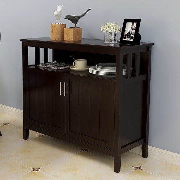 Wood Sideboard Storage Cabinet with Open Storage Shelf， Adjustable Shelf and Metal Handles