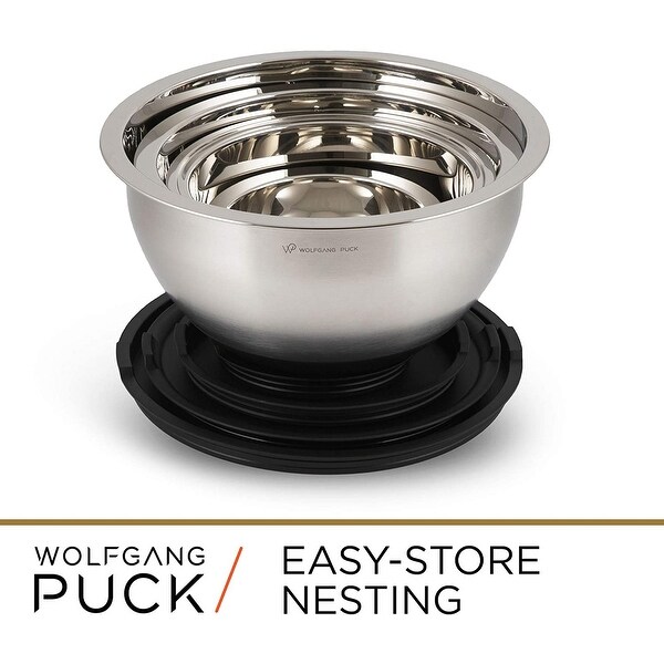 Wolfgang Puck 12-Piece Stainless Steel Mixing Bowl Set， Silicone Grip Bottom， Multifunction Lid with 3 Interchangeable Blades