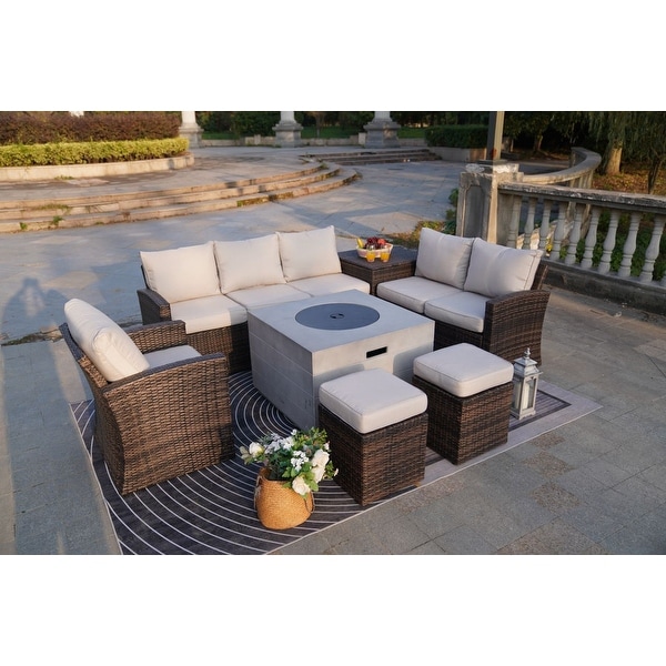 7Piece Patio Brown Rattan Wicker Conversational Sofa Set with Fire Pit Table and Storage Box