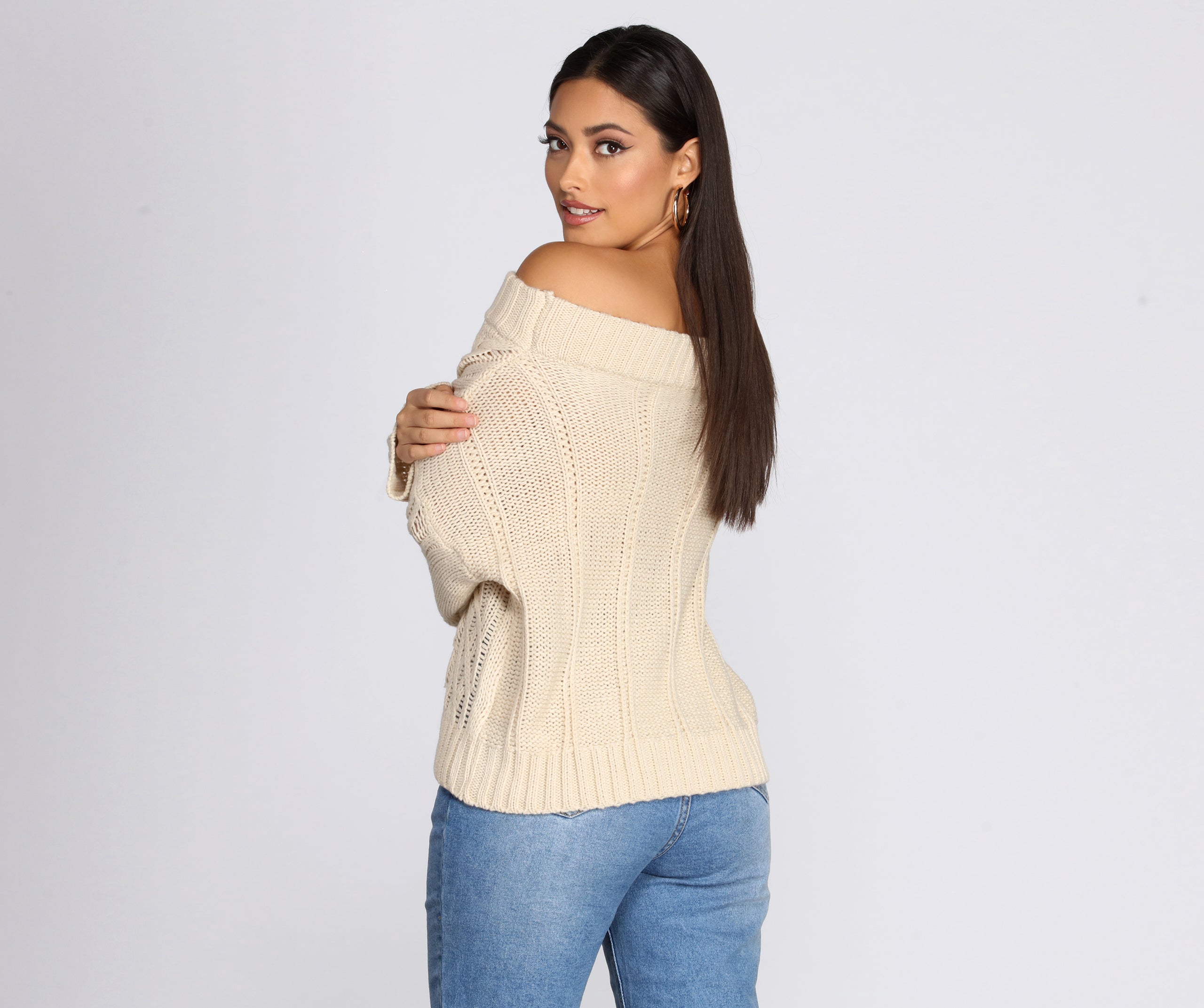 Cable Knit Off Shoulder Sweater