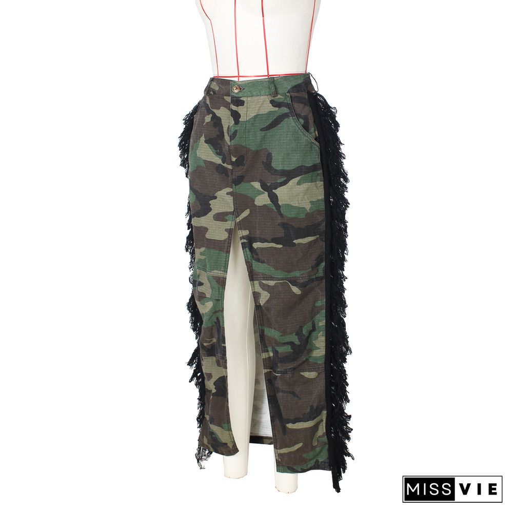 Camo Print Streetwear Tassel Side High Slit Skirt