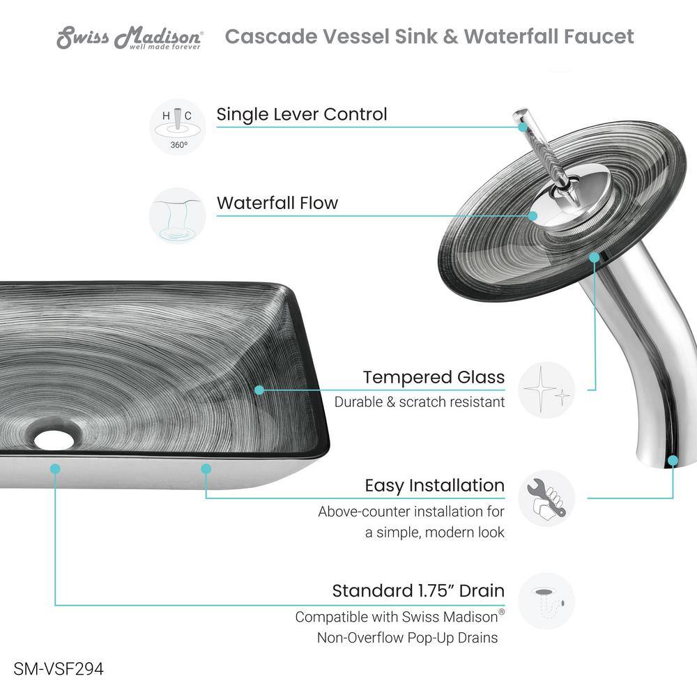 Swiss Madison Cascade Glass Rectangular Vessel Sink with Faucet in Smoky Grey SM-VSF294