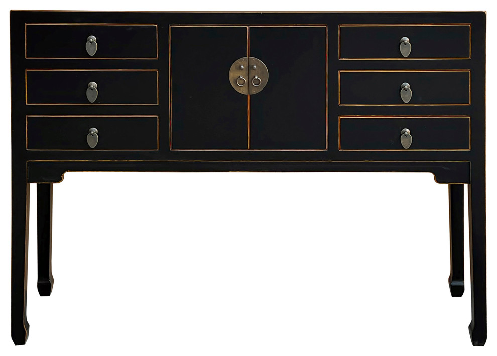 Oriental Black Lacquer Tall Moon Face 6 Drawers Slim Foyer Table Hcs7567   Asian   Console Tables   by Golden Lotus Antiques  Houzz