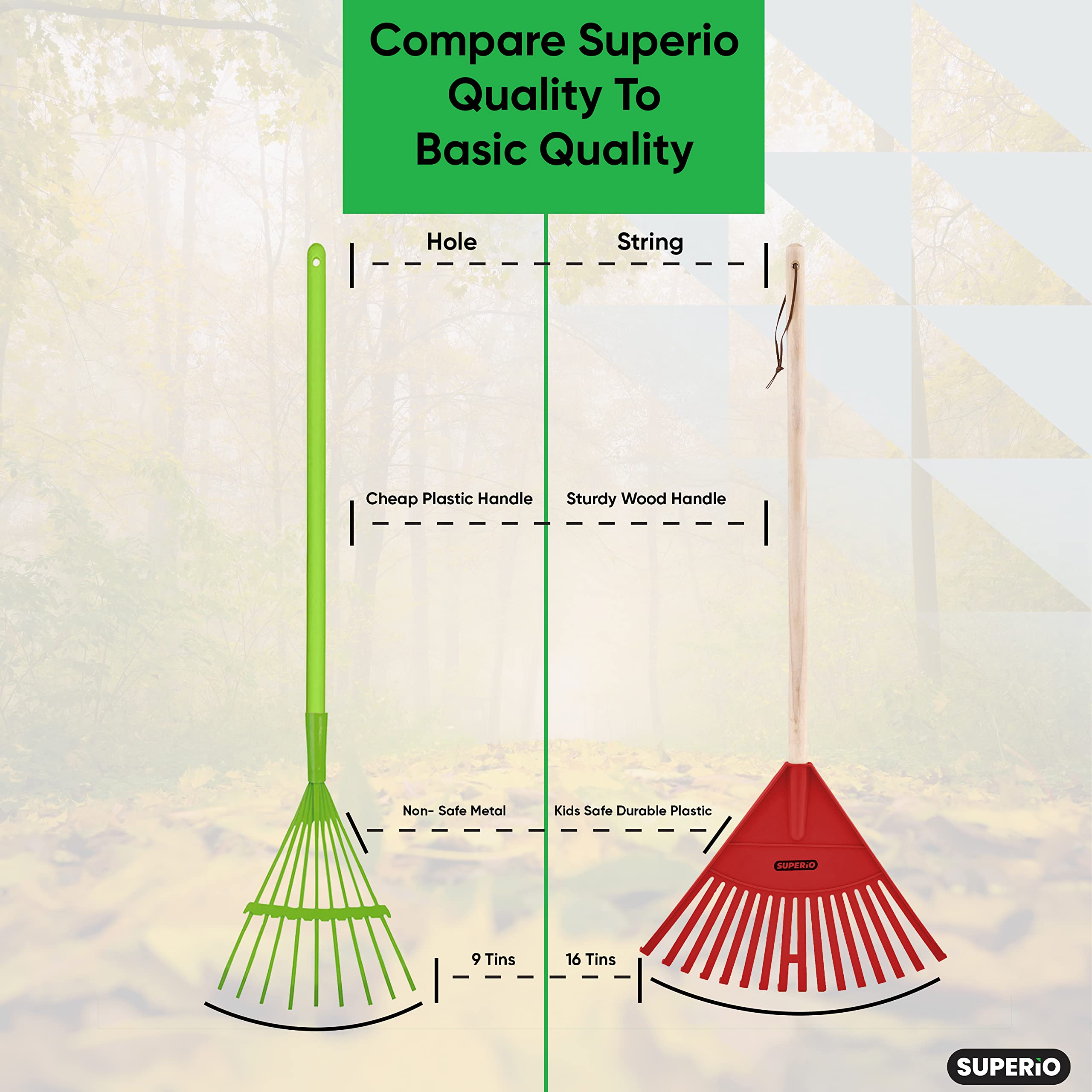 Superio Kids Rake with Hardwood Handle- Durable Plastic Red Head to Sweep Leaves in Lawn and Tidying Up The Garden – 34 “Height