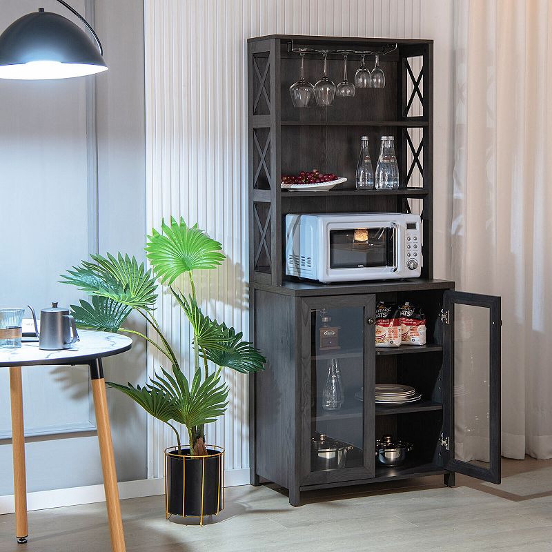 Tall Freestanding Bar Cabinet Buffet with Glass Holder and Adjustable Shelf