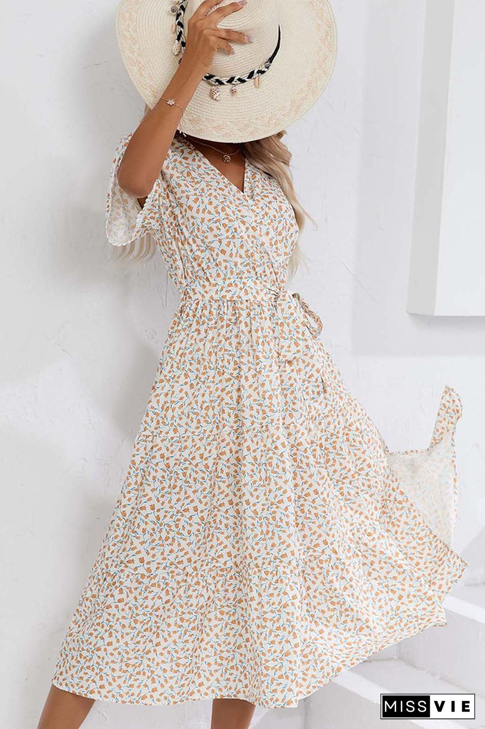 Wrap V Neck Tulip Sleeves Maxi Floral Dress