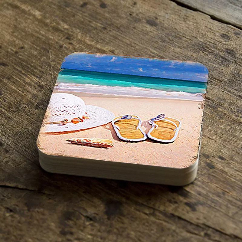 Beach Sandals and Hat Coastal Wooden Cork Coasters Gift Set of 4 by Nature Wonders