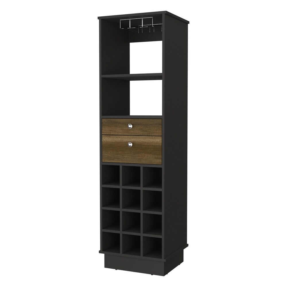 Kitchen 12 Bottle 2 Drawer 1 Shelf Bar Cabinet Black Wengue and Walnut