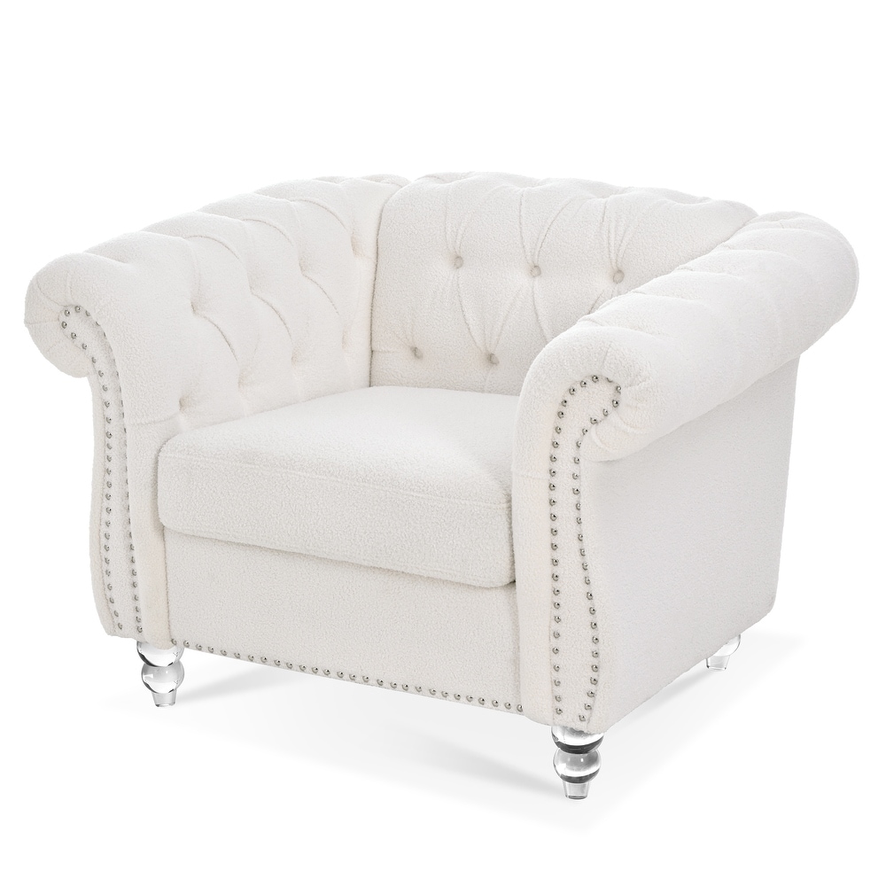 Livingroom Accent Chair  1 Seater Teddy Velvet Cover Sofa Armchair Rolled Arms Chair Lounge Chairs with Nailheads  White