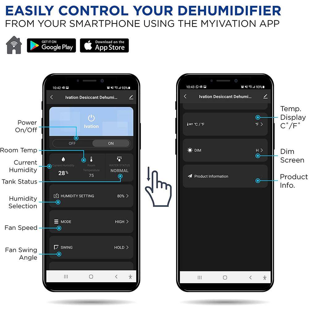 Ivation 19 Pint Wi-Fi Desiccant Dehumidifier wContinuous Drain Hose and Smartphone Control IVADDH09WIFI