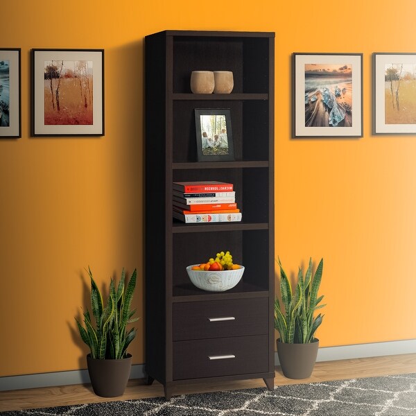 3 Shelf Wooden Media Tower with 2 Drawers， Dark Brown