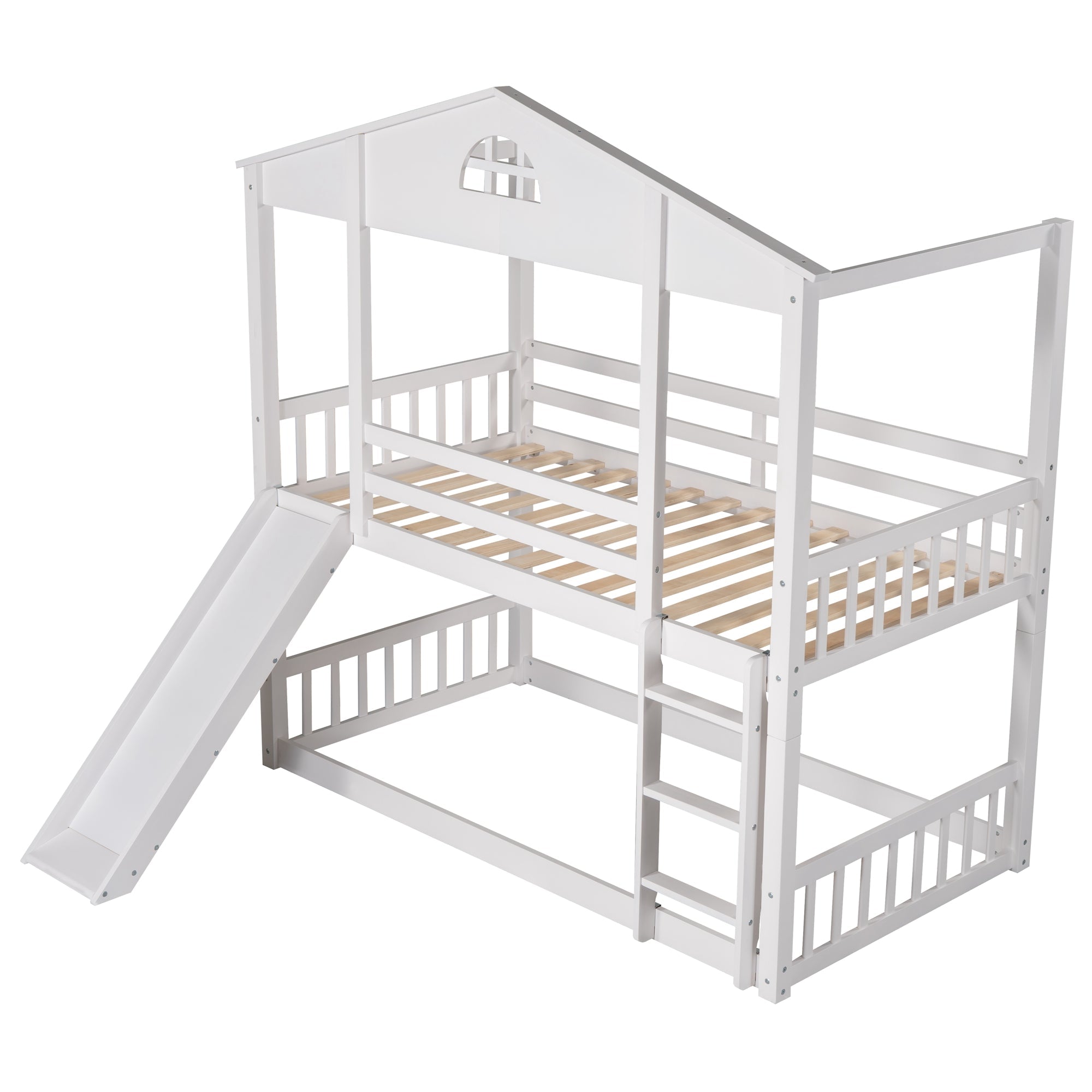 Twin House Bunk Bed with Convertible Slide and Ladder for Kids Room, White