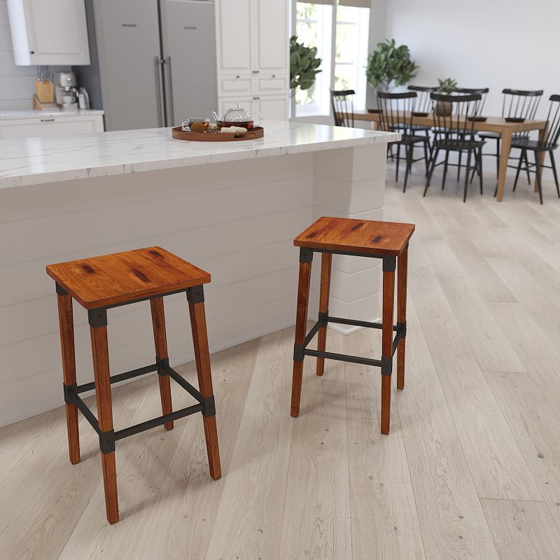 Merrick Lane Breton Backless Bar Height Stools with Steel Supports and Footrest - Set Of 2