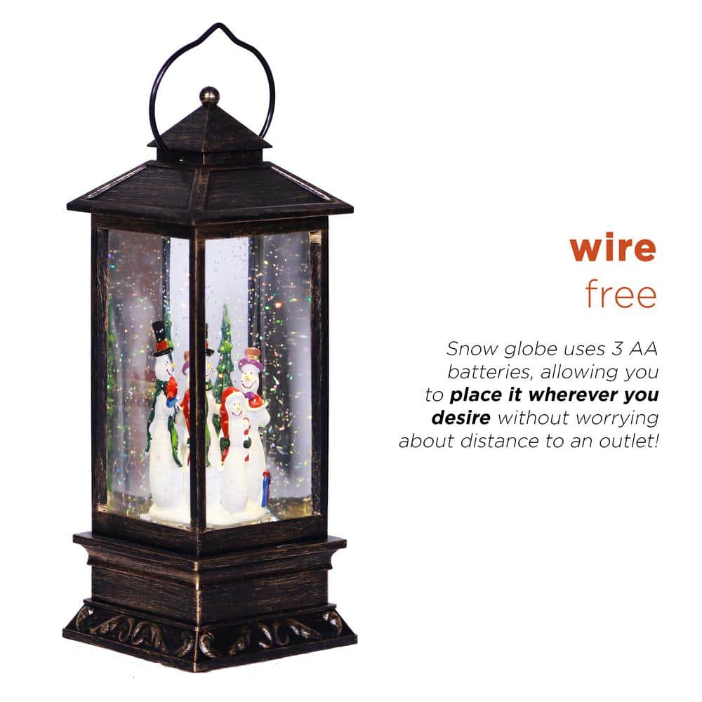 Alpine Corporation 11 in. Tall Lantern Snowman Snow Globe Holiday Decor, Bronze QVA126BZ