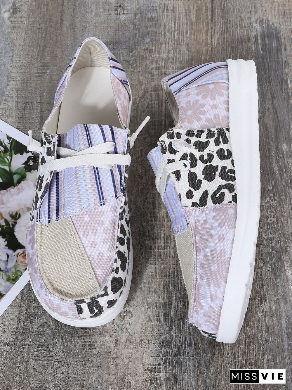 Striped Leopard Print Floral Panel Canvas Flats