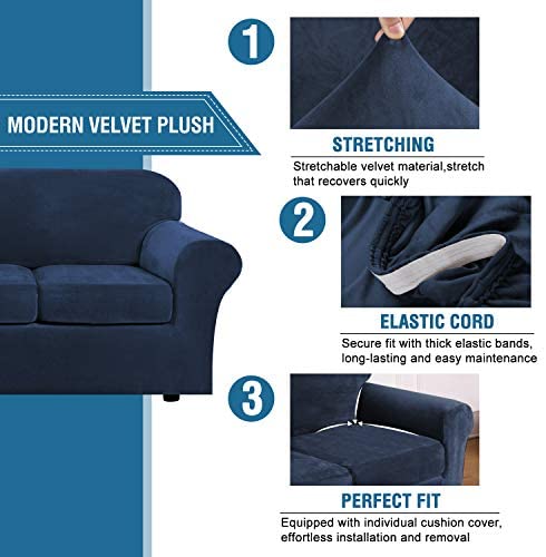 TOPCHANCES 2-Piece Velvet Plush High Stretch Sofa Cover Slipcover, With Separate Cushion Covers (DarkBlue, Armchair/1-Seater)