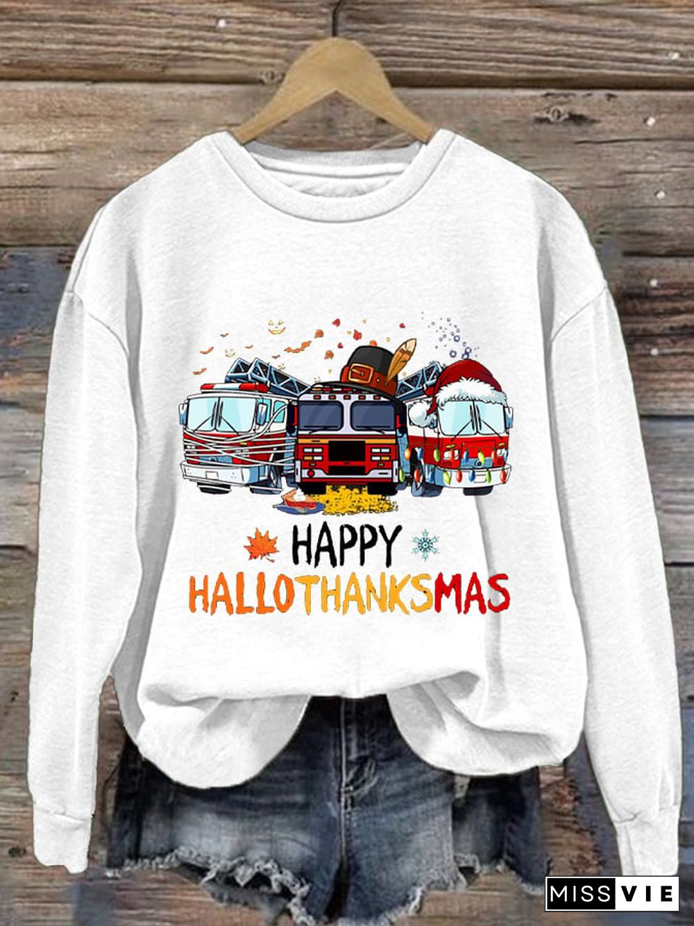 Women's Casual Happy Hallothankmas Firefighter Print Long Sleeve Sweatshirt