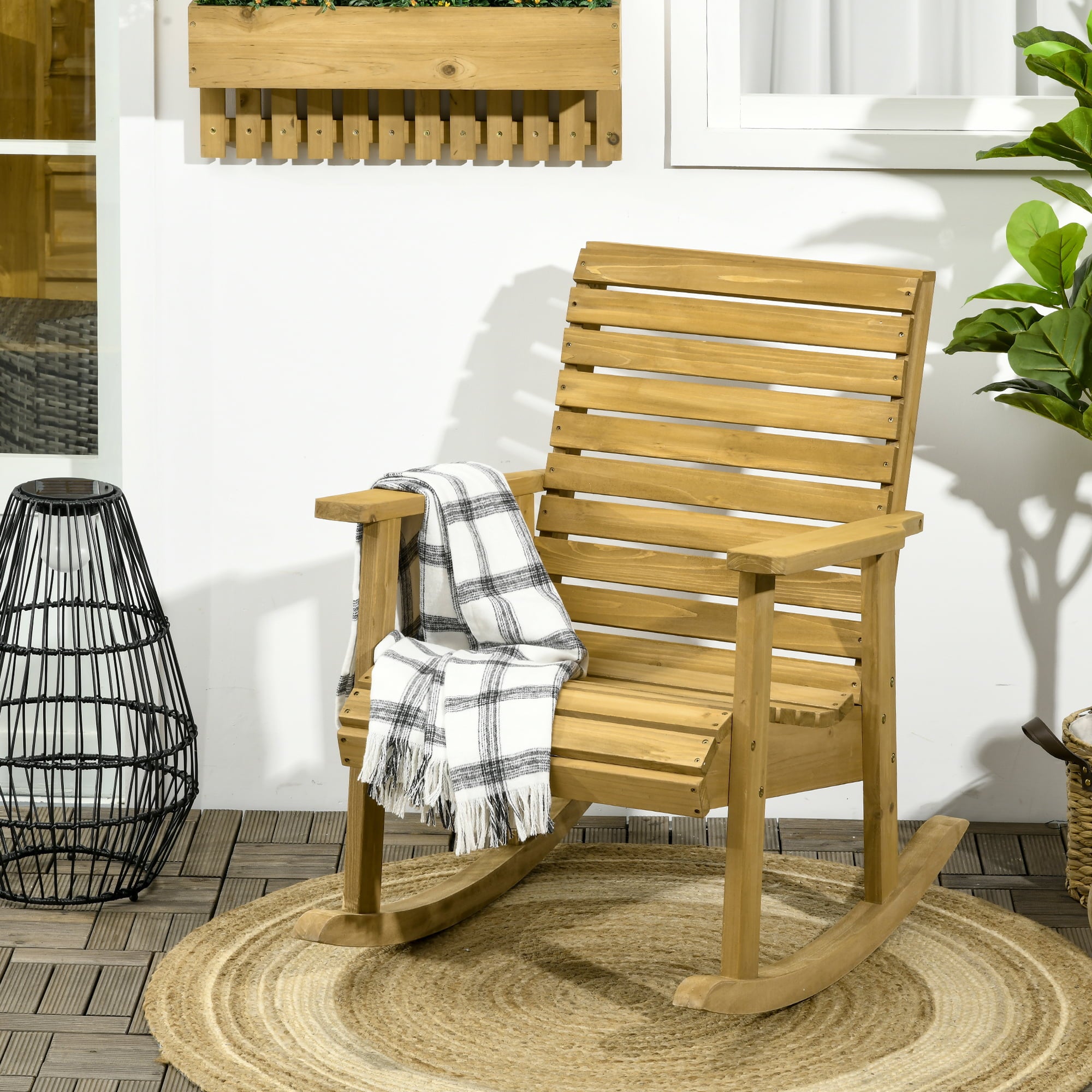 Outsunny Wooden Outdoor Rocking Chair, Traditional Slatted Wood Rocker Chair with Armrests and High Backrest for Indoor & Outdoor, Light Brown