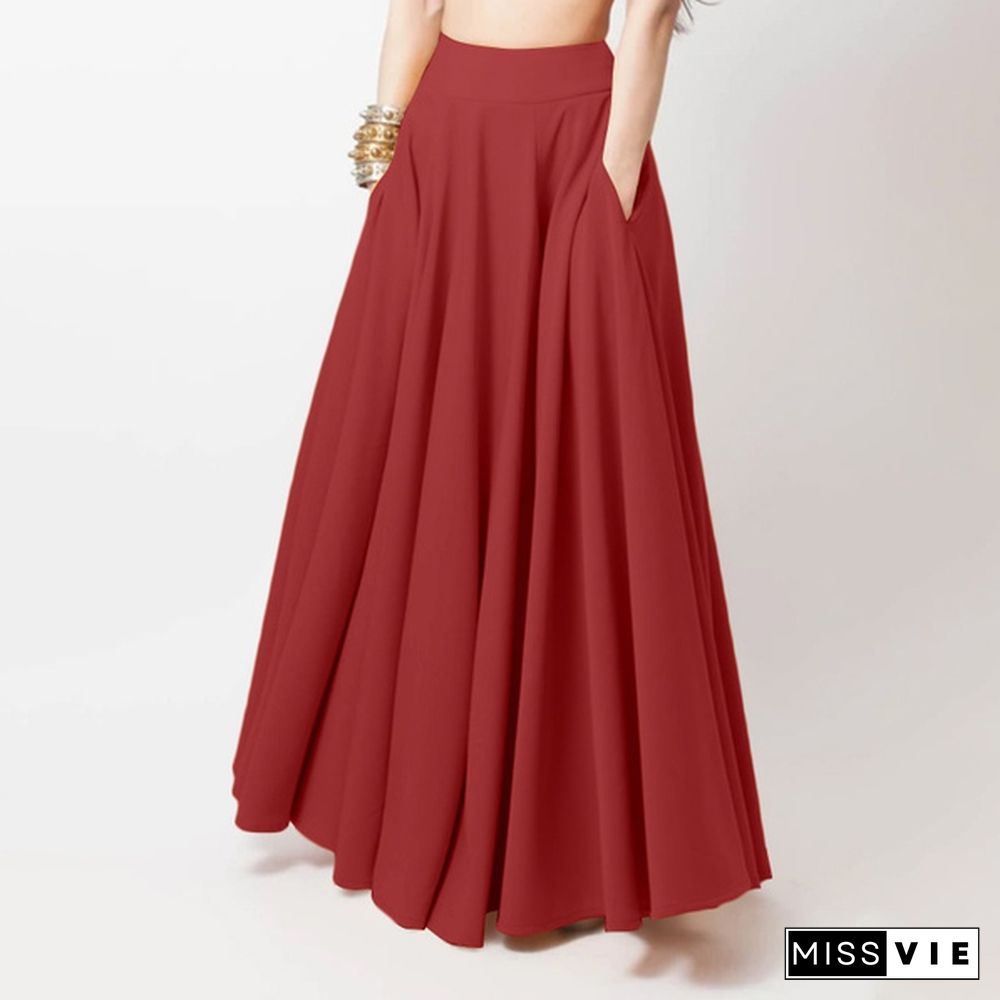 Women High Waist Skirt Flare Pleated Skirt Maxi Skirt Dress S-5Xl