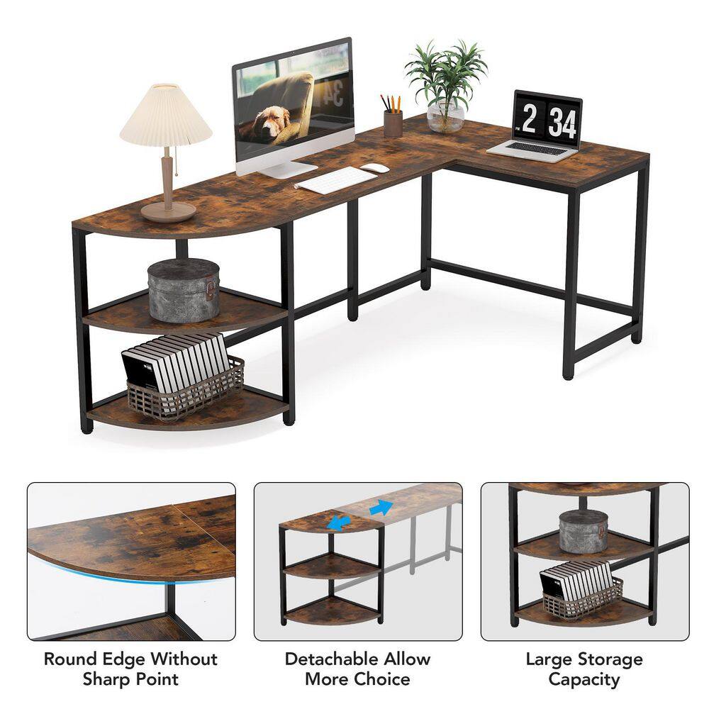 TRIBESIGNS WAY TO ORIGIN Halseey 74.8 in. W L-Shaped Brown Corner Computer Reversible Writing Studying Reading Desk 3 Tier Storage Shelves HD-CJ063-WZZ