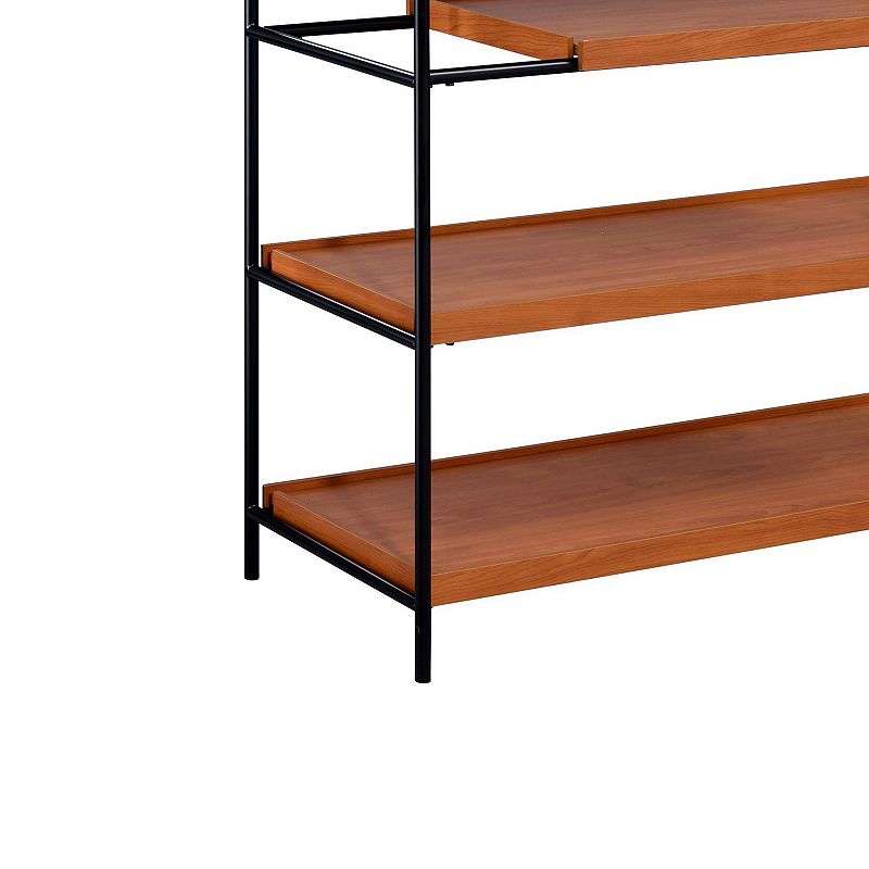 5 Tier Wooden Bookshelf with Open Metal Frame， Oak Brown and Black