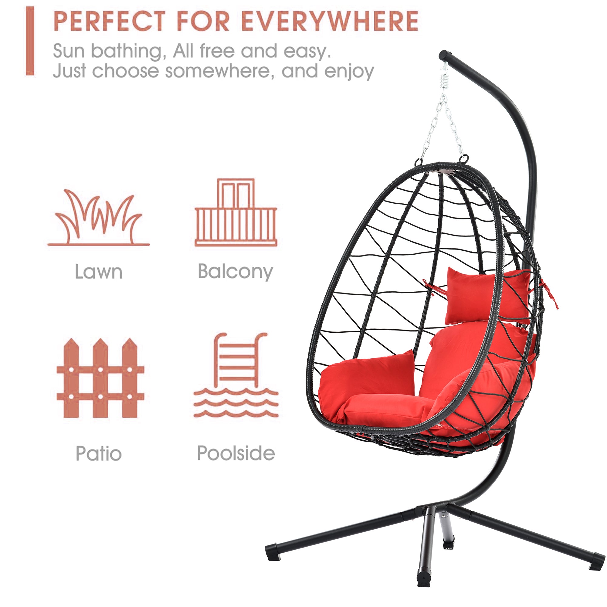 SYNGAR 2 Piece Indoor Outdoor Patio Wicker Hanging Chairs, Swing Hammock Egg Chairs Waterproof Cushions with Steel Frame, 300lbs Capacity for Patio Balcony Bedroom Living Room, Red