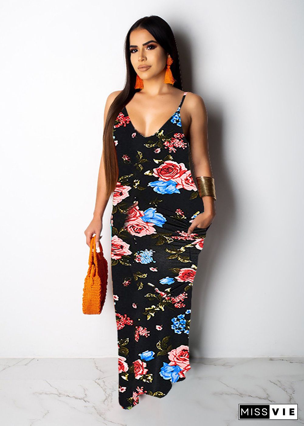 Hot Style Women's Summer Boho Floral Print Sleeveless V Neck Loose Long Maxi Party Beach Dress