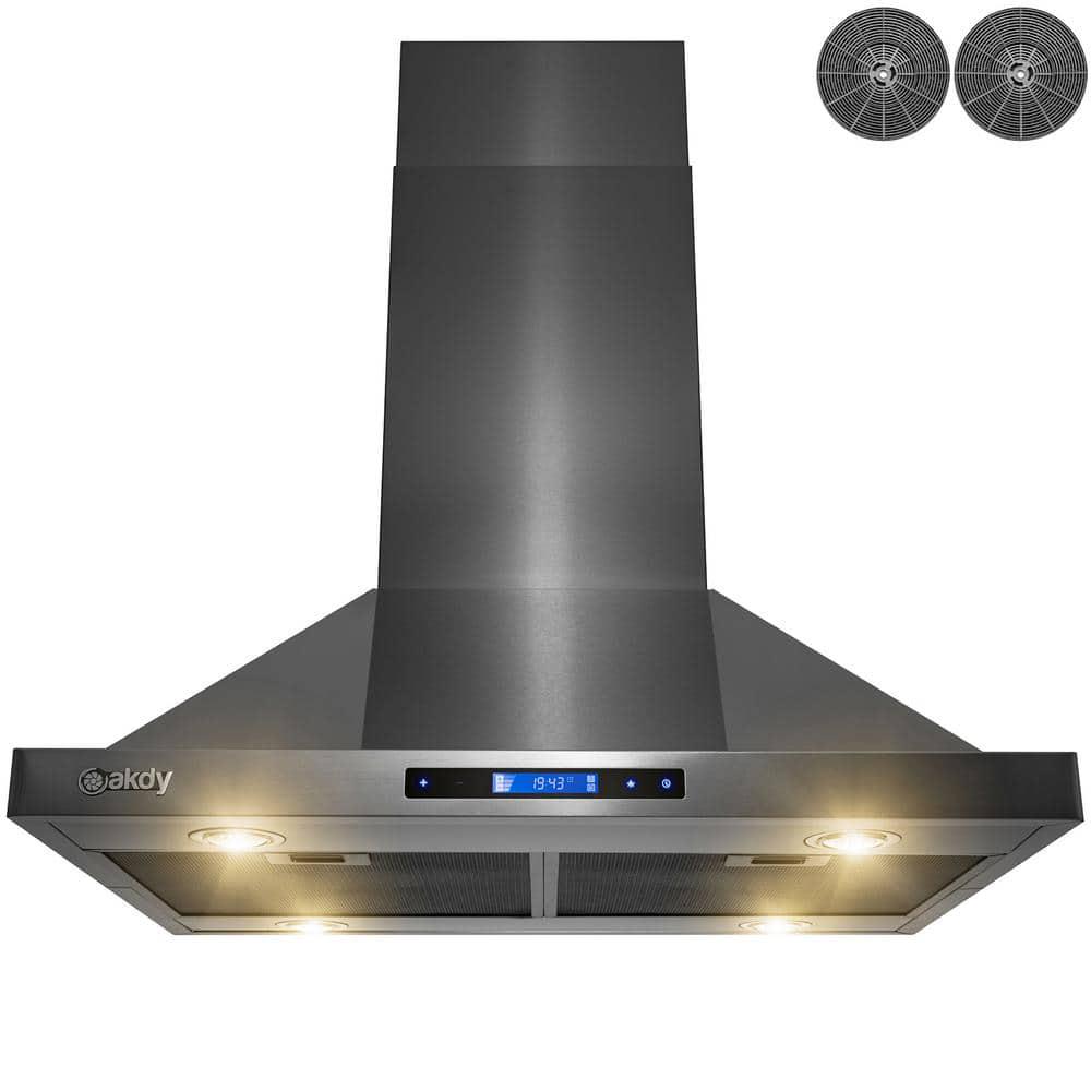 AKDY 30 in 343 CFM Convertible Island Mount Range Hood with Lights and Touch Control in Black Stainless Steel Carbon Filters