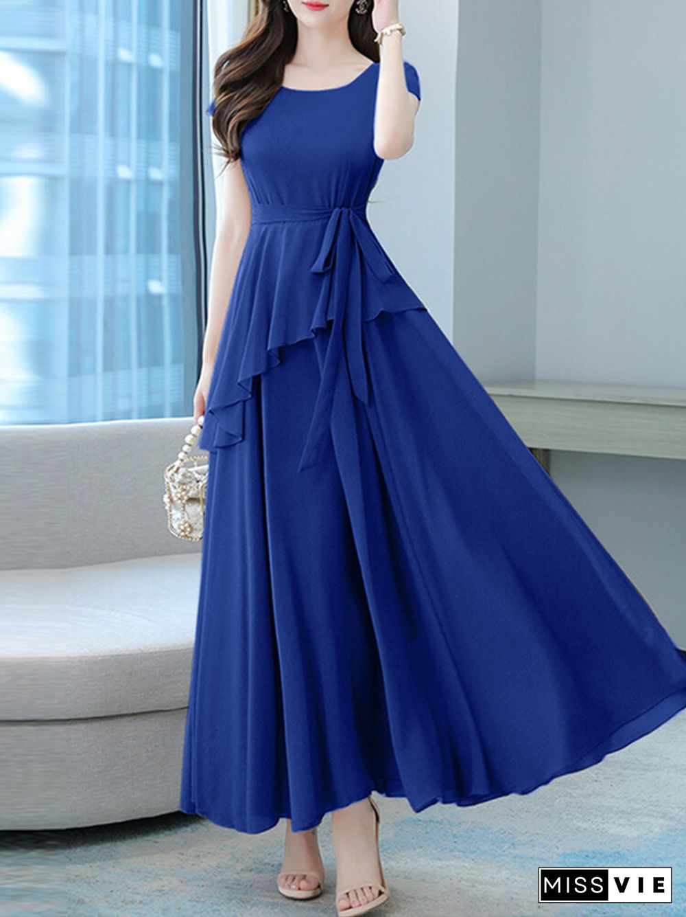 Solid Asymmetrical Swing Short Sleeve Maxi Dress With Belt